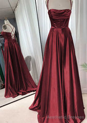 A-line Square Neckline Spaghetti Straps Sweep Train Charmeuse Prom Dresses With Pleated
