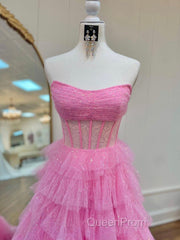 A Line Strapless Corset Glitter Tulle Evening Prom Dresses with Ruffles