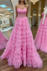 A Line Strapless Corset Glitter Tulle Evening Prom Dresses with Ruffles