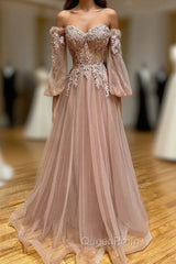 A-Line Strapless Long Lace Evening Prom Dresses, Sweetheart Neck Tulle Evening Party Dresses