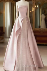 A Line Strapless Pink Party Dresses Long Satin Evening Prom Dresses