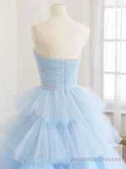 A line Strapless Tiered Tulle Prom Dress