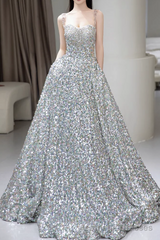 A line Straps Evening Party Dress Sequin Long Prom Dress