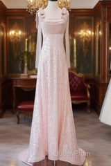 A Line Straps Pink Satin Long Evening Prom Dresses