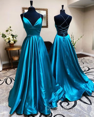 A Line Stretch Satin Emerald Green Evening Prom Dresses Spaghetti Straps V Neck Dresses