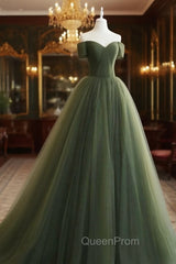 A-Line Sweetheart Neck Green Long Evening Prom Dresses, Sweep Train Green Evening Dresses