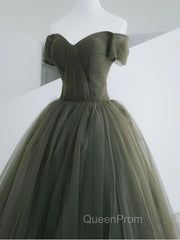 A-Line Sweetheart Neck Green Long Evening Prom Dresses, Sweep Train Green Evening Dresses