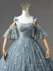 A-Line Sweetheart Neck Lace Gray Blue Long Evening Prom Dresses, Gray Blue Sweet 16 Dresses