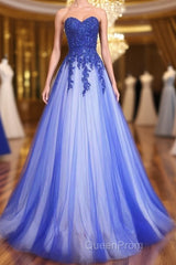A Line Sweetheart Neck Lace Tulle Blue Long Evening Prom Dresses, Blue Formal Dresses, Blue Lace Evening Dresses