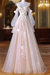 A-Line Sweetheart Neck Long Sleeve Lace Tulle Light Champagne Long Evening Prom Dresses