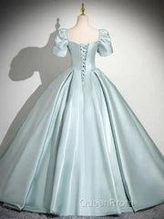 A-Line Sweetheart Neck Puff Sleeves Satin Quinceanera Dresses Blue Long Evening Prom Dresses Elegant Evening Dresses
