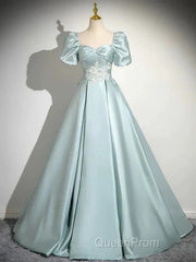 A-Line Sweetheart Neck Puff Sleeves Satin Quinceanera Dresses Blue Long Evening Prom Dresses Elegant Evening Dresses