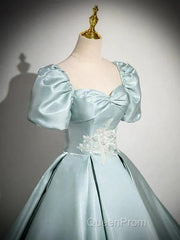 A-Line Sweetheart Neck Puff Sleeves Satin Quinceanera Dresses Blue Long Evening Prom Dresses Elegant Evening Dresses