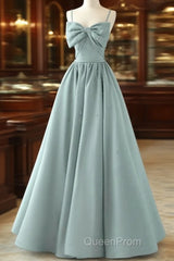 A-Line Sweetheart Neck Satin Beads Blue Long Evening Prom Dresses, Blue Formal Dresses