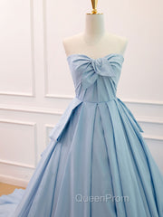 A-Line Sweetheart Neck Satin Tulle Blue Long Evening Prom Dresses, Blue Evening Dresses