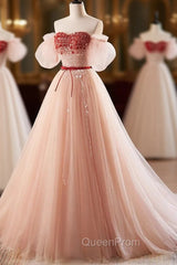 A-Line Sweetheart Neck Sequin Tulle Pink Long Evening Prom Dresses, Pink Evening Dresses