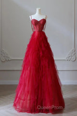 A-Line Sweetheart Neck Tulle Beads Burgundy Long Evening Prom Dresses