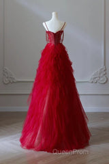 A-Line Sweetheart Neck Tulle Beads Burgundy Long Evening Prom Dresses
