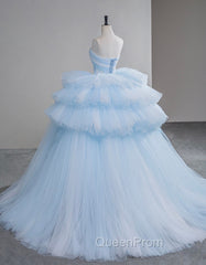 A-Line Sweetheart Neck Tulle Blue Long Evening Prom Dresses, Blue Long Evening Gown