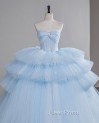 A-Line Sweetheart Neck Tulle Blue Long Evening Prom Dresses, Blue Long Evening Gown