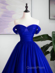 A-Line Sweetheart Neck Tulle Blue Long Evening Prom Dresses, Blue Long Formal Dresses