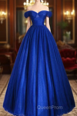 A-Line Sweetheart Neck Tulle Blue Long Evening Prom Dresses, Blue Long Formal Dresses