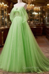 A-Line Sweetheart Neck Tulle Green Long Evening Prom Dresses, Green Tulle Long Evening Dresses