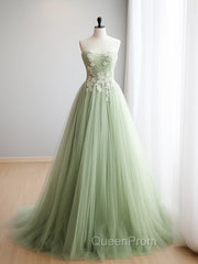 A-Line Sweetheart Neck Tulle Lace Applique Green Long Evening Prom Dresses Evening Dresses Off Shoulder