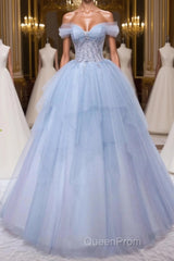A-Line Sweetheart Neck Tulle Lace Blue Long Evening Prom Dresses, Blue Formal Evening Dresses