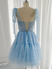 A-Line Sweetheart Neck Tulle Lace Blue Short Evening Prom Dresses, Blue Homecoming Dresses