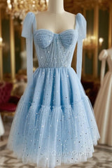 A-Line Sweetheart Neck Tulle Lace Blue Short Evening Prom Dresses, Blue Homecoming Dresses