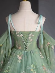 A-Line Sweetheart Neck Tulle Lace Green Long Evening Prom Dresses