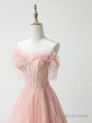 A-Line Sweetheart Neck Tulle Lace Pink Long Prom Dress, Pink Formal Dress