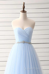 A-Line Sweetheart Neck Tulle Light Sky Blue Long Evening Prom Dresses