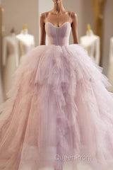 A-Line Sweetheart Neck Tulle Pink Long Evening Prom Dresses, Pink Evening Dresses