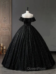 A-Line Sweetheart Neck Tulle Sequin Black Long Evening Prom Dresses, Black Long Formal Dresses