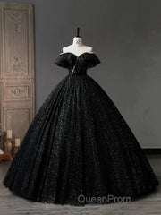A-Line Sweetheart Neck Tulle Sequin Black Long Evening Prom Dresses, Black Long Formal Dresses