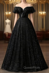A-Line Sweetheart Neck Tulle Sequin Black Long Evening Prom Dresses, Black Long Formal Dresses
