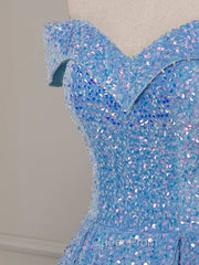 A-Line Sweetheart Neck Velvet Sequin Blue Long Evening Prom Dresses, Blue Evening Dresses