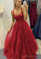 A-line Sweetheart Spaghetti Straps Long/Floor-Length Tulle Glitter Prom Dresses