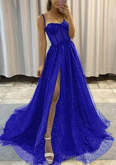 A-line Sweetheart Spaghetti Straps Sweep Train Tulle Glitter Prom Dresses With Appliqued