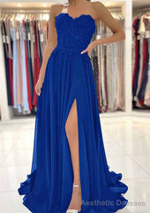 A-line Sweetheart Sweep Train Chiffon Prom Dresses With Lace Beading Split