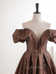A-Line Tea length Brown Evening Prom Dresses, Off Shoulder Brown Evening Dresses with Beading