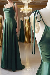 A Line Thin Straps Green Long Evening Prom Dresses, Green Formal Graduation Evening Dresses