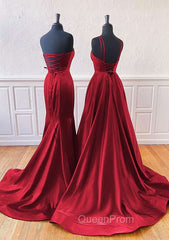 A-Line Trumpet/Mermaid Sleeveless Sweep Train Satin Evening Prom Dresses With Split