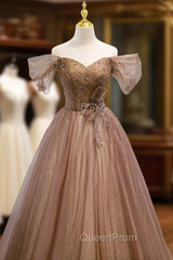 A-Line Tulle Beaded Long Evening Dresses, Off the Shoulder Evening Dresses