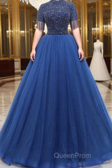 A-Line Tulle Blue Long Evening Prom Dresses, Blue Formal Evening Dresses with Beading