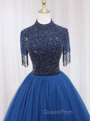 A-Line Tulle Blue Long Evening Prom Dresses, Blue Formal Evening Dresses with Beading