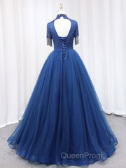 A-Line Tulle Blue Long Evening Prom Dresses, Blue Formal Evening Dresses with Beading