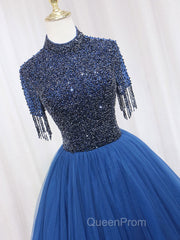 A-Line Tulle Blue Long Evening Prom Dresses, Blue Formal Evening Dresses with Beading